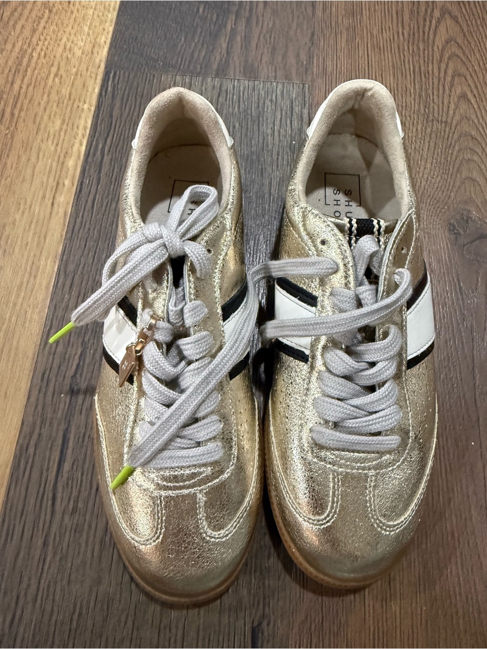 ShuShop Gold Metallic Sneakers with White and Black Accents